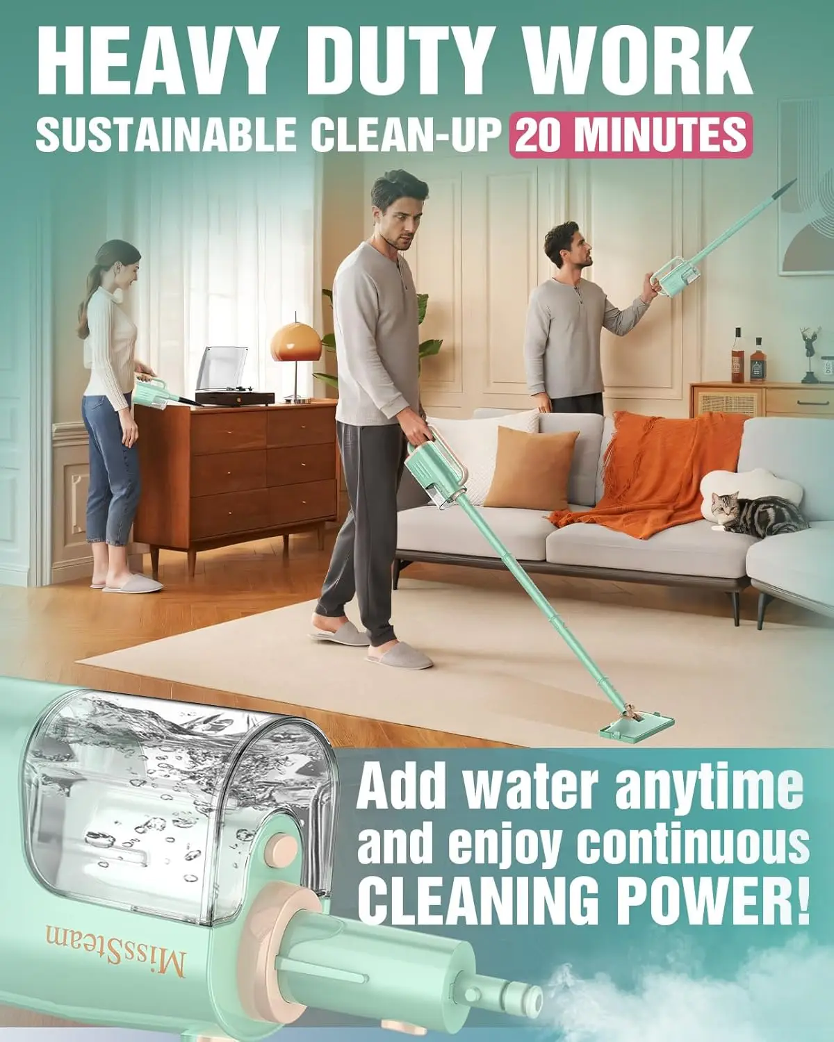 Lightest Detachable Steam Mop with 2 Modes, Adjustable Heat for Hardwood, Laminate & Tile Grout – High-Temp Deep Cleaner