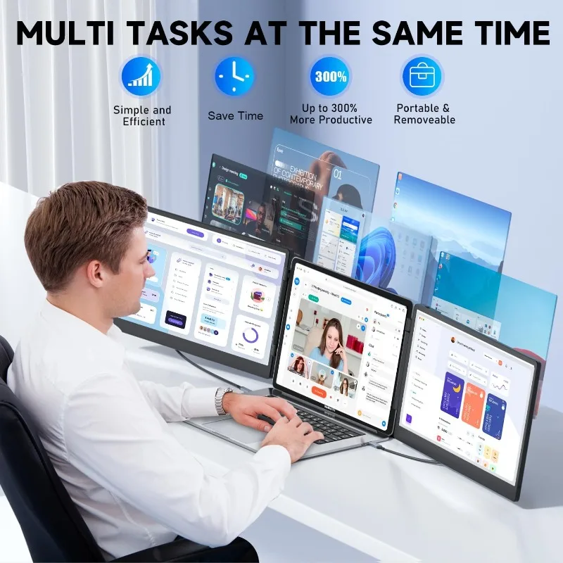 موسع شاشة الكمبيوتر المحمول، شاشة محمولة ثلاثية 14 بوصة FHD 1080P لأجهزة الكمبيوتر المحمولة 13-17 بوصة، موسع شاشة الكمبيوتر المحمول لنظام التشغيل Windows/Mac