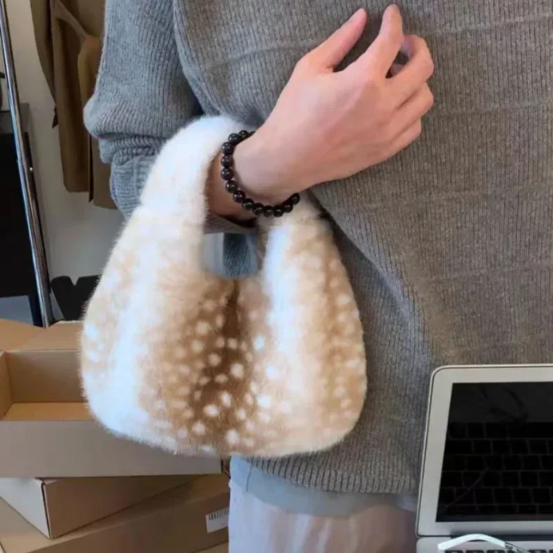 Deer Spot Faux Fur Shoulder Bag Soft Cute Plush Crescent Crossbody Bag Casual Handbag Magnetic Buckle Winter Women Lolita Purse