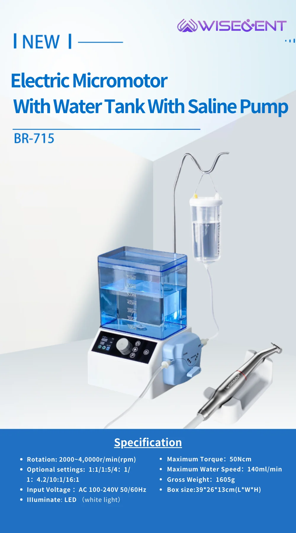 

Dental LED Brushless Electric Micro Motor Water Tank Saline Pump 2/4 Holes 1:1/1:5/4: 1/ 1: 4.2/10:1/16:1 Handpiece Tools