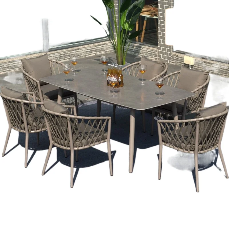 Outdoor tables, chairs, dining tables, waterproof, sun proof, leisure Nordic aluminum alloy rattan woven rattan chairs