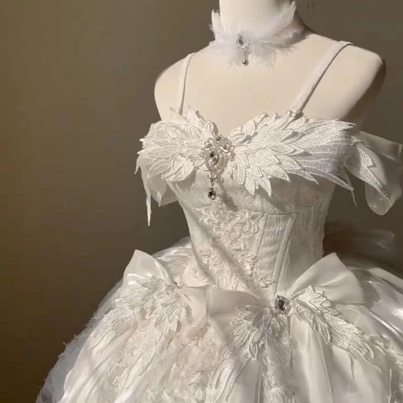 الحلو الحب حجر الراين ريشة الصناعة الثقيلة مساء فستان الأميرة فستان Jsk الباليه نمط أبيض قصير لوليتا فستان فتاة المرأة #2
