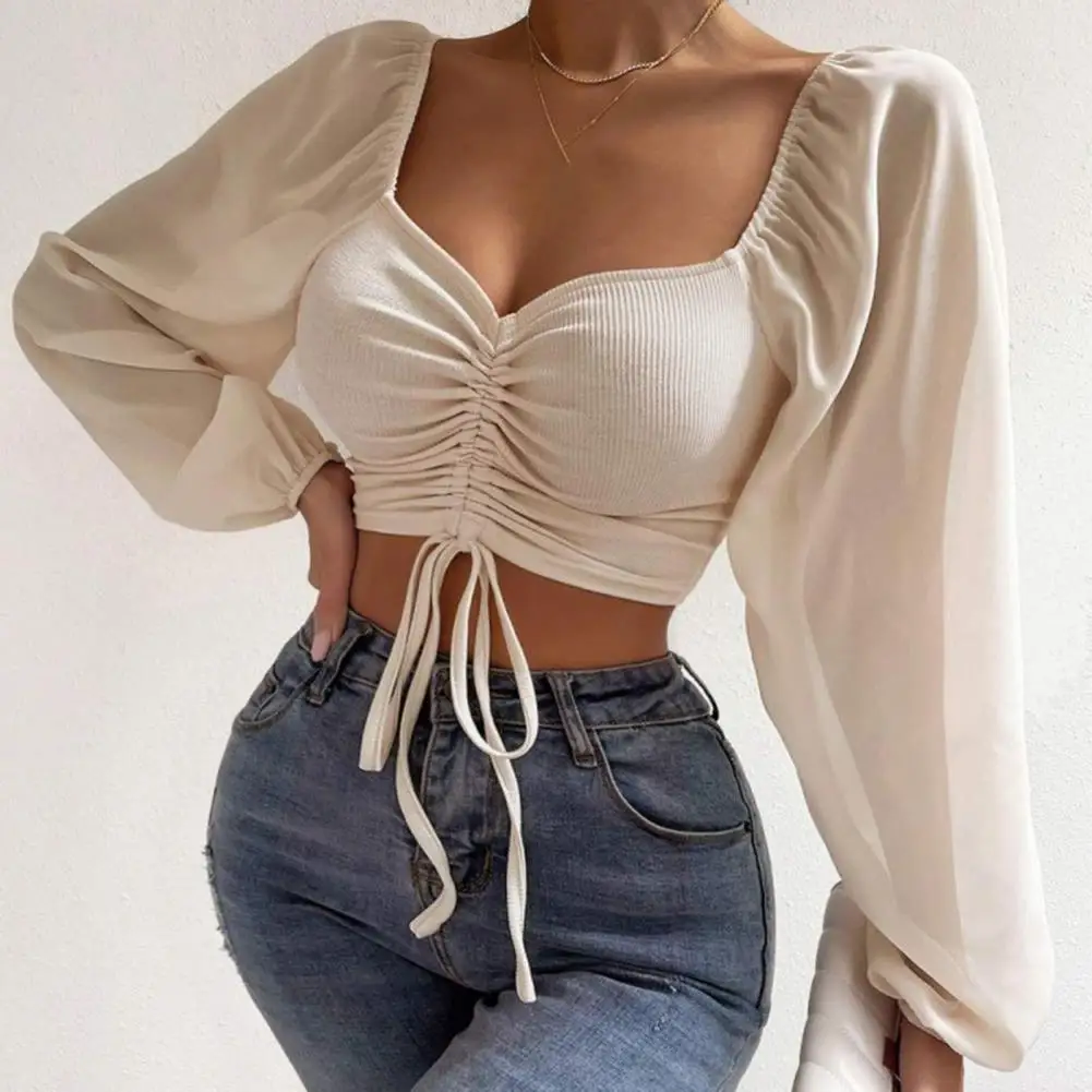 Sexy Mesh Lantern Sleeves Drawstring Wrap Chest T Shirt Women Long Sleeves Bottoming ﻿