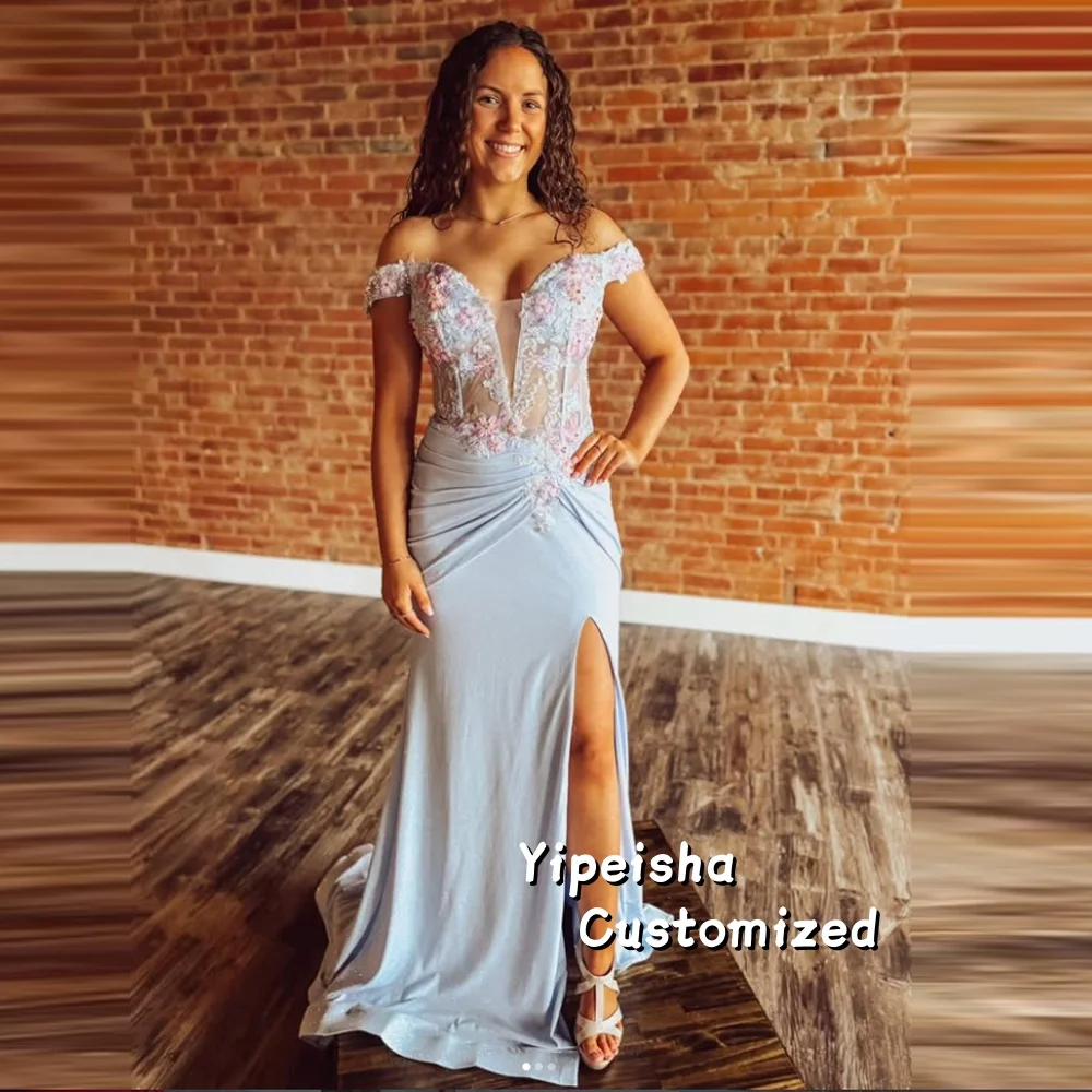 

Customized Satin Sweetheart Off the Shoulder Evening Dresses Appliques Lace Hollowed High Slit Ruched Elegant Party Prom Gowns