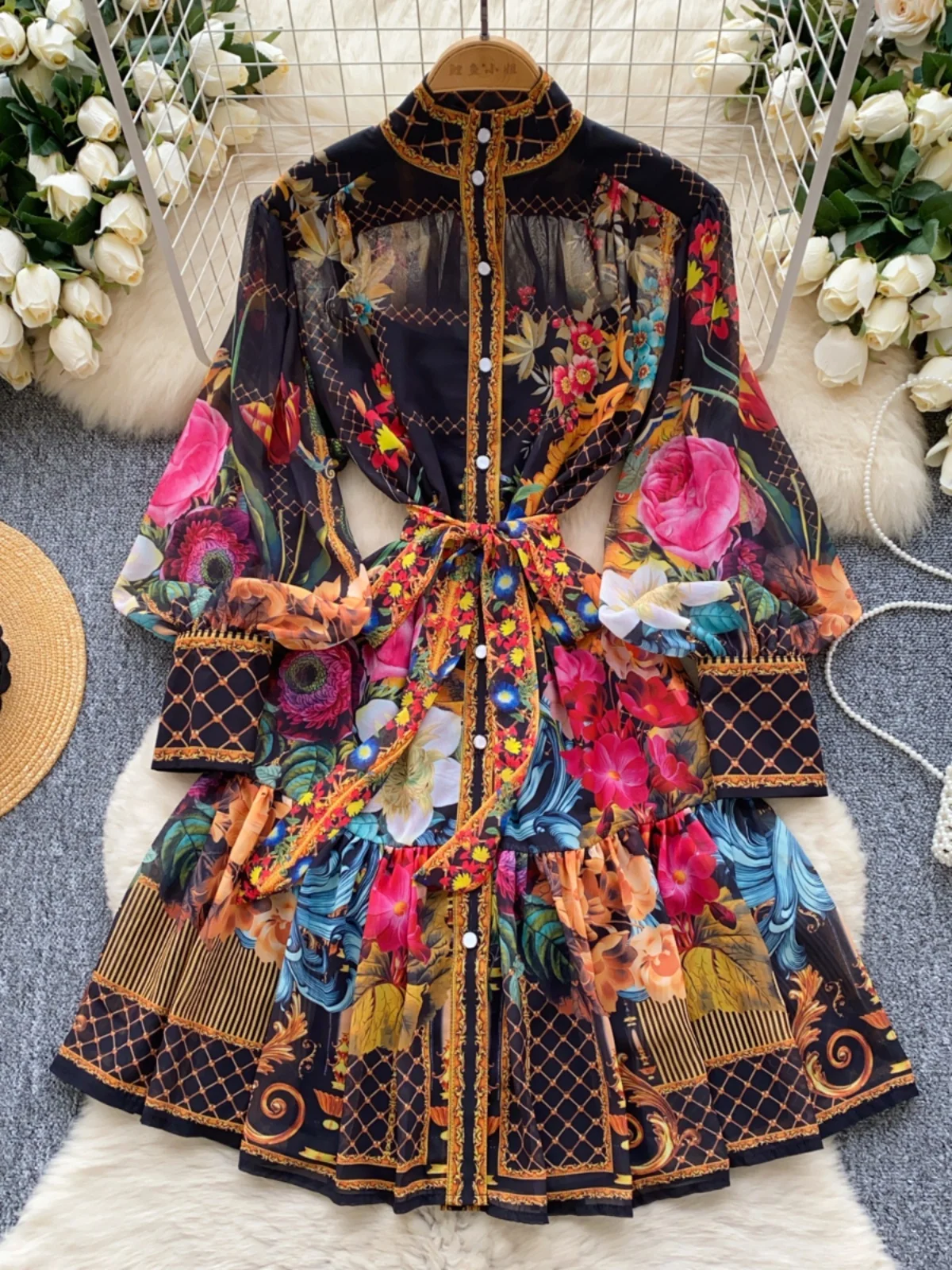 Gonna a trapezio a vita alta snellente Gonna coreana Sle lunga Sve Midi Dr con lanterna Sves Colletto rialzato Orlo in pizzo pieghettato Raso...