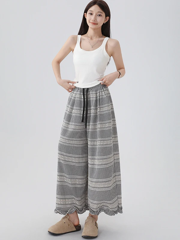 صيف 2025 جديد المرأة منقوشة بنطال ذو قصة أرجل واسعة مطرزة عادية فضفاض صالح التخسيس Harajuku Sle عالية الخصر تسع نقاط