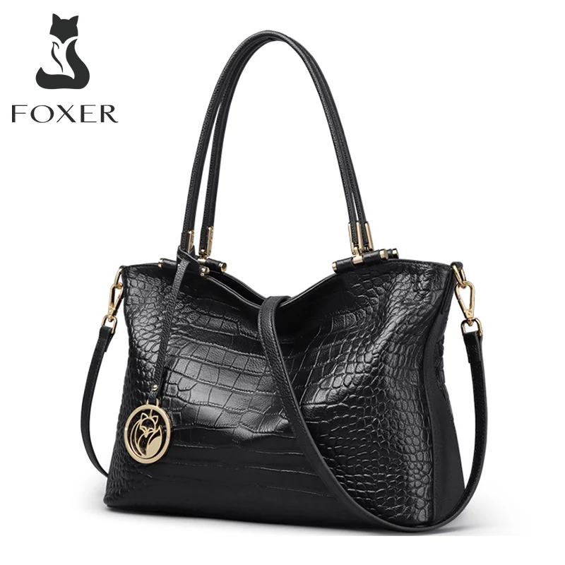 FOXER Women Split Leather Handbags Crocodile Pattern Lady Shoulder Messenger Bag High Quality Female Commuter Office Style Totes