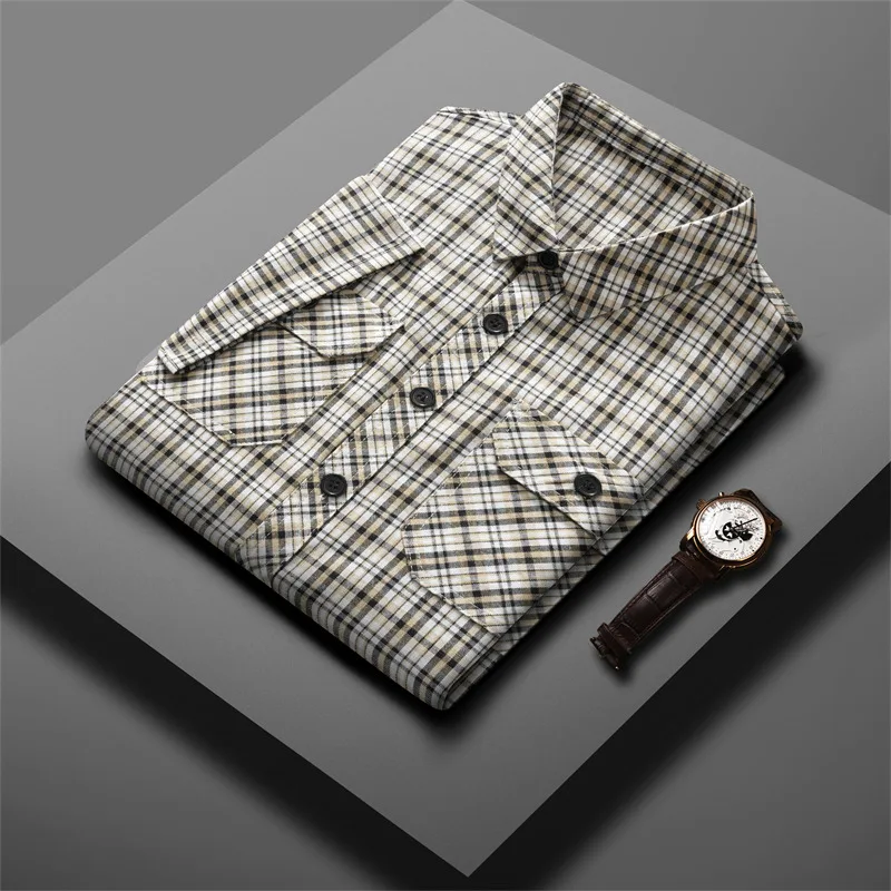 Summer New Short Sleeved Workwear Shirt, Men\'s Slim Fit Plaid Striped Button Pocket, Flip Collar, Summer Casual Fashion Shirt