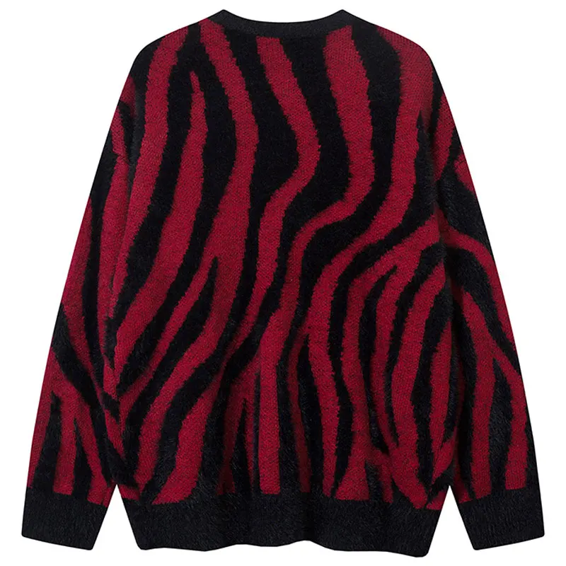 Men Oversized Sweaters Y2K Knitted Color Block Striped Pullover Cozy Sweater Hip Hop Harajuku Long Sleeve Jumpers Streetwear Red