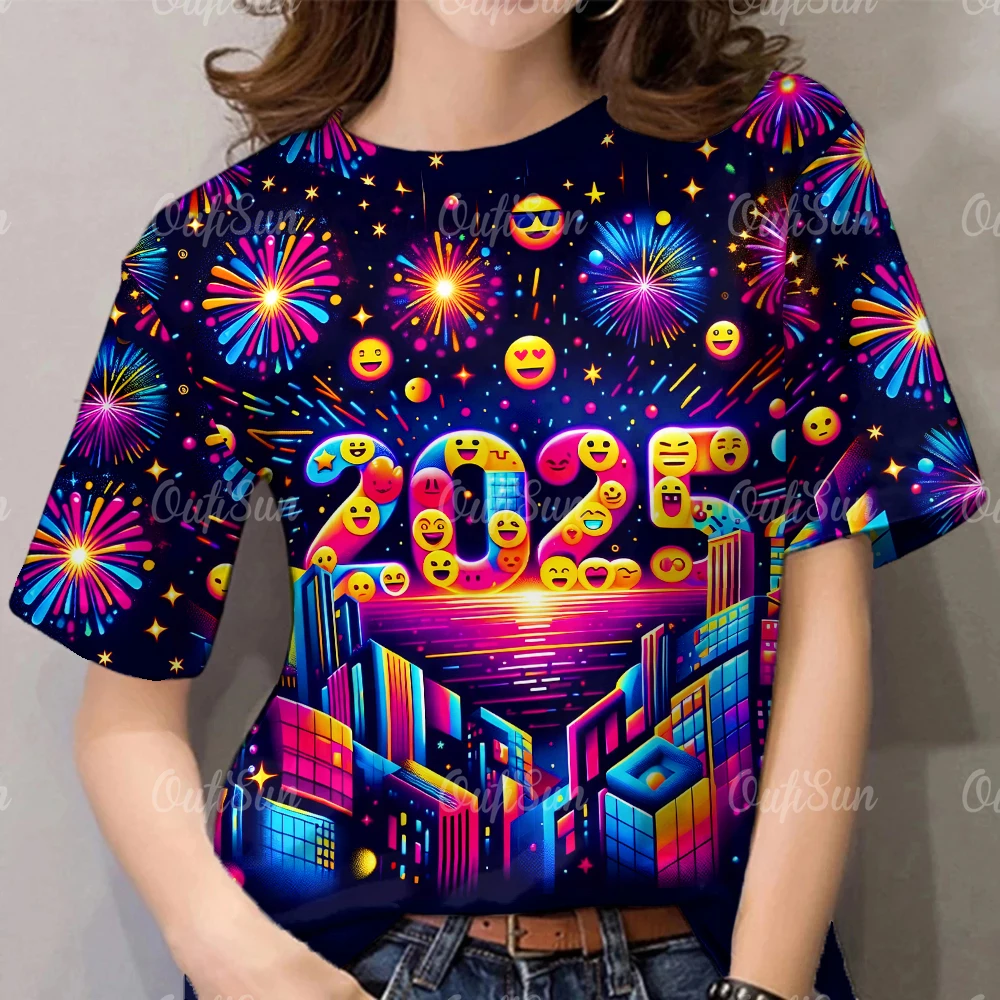 2025 New Year Women's T-Shirt Fashions Round Neck Short Sleeve Clothing For Woman Summer Colorful Casual Tops Casual Pullover