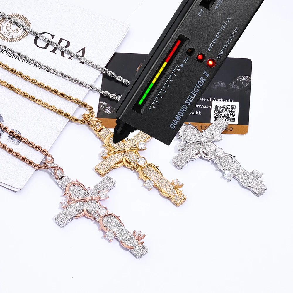ESKEEM Joyería de Lujo con Moissanita, Plata de Ley 925, Colgante de Cruz Grande con Espinas, Pasa la Prueba del Diamante, para Hombre