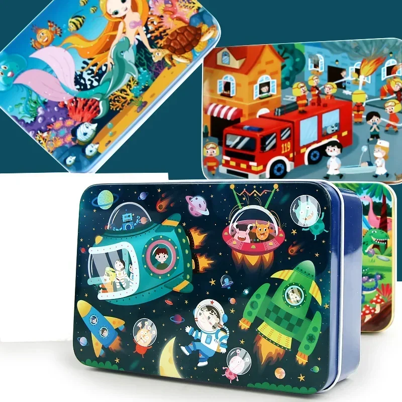 Kinderen Creatieve Houten Puzzel Ijzeren Doos Kleuterschool Baby Vroeg Onderwijs Cartoon Dierenverkeer Puzzel Cognitief Interactief Spel