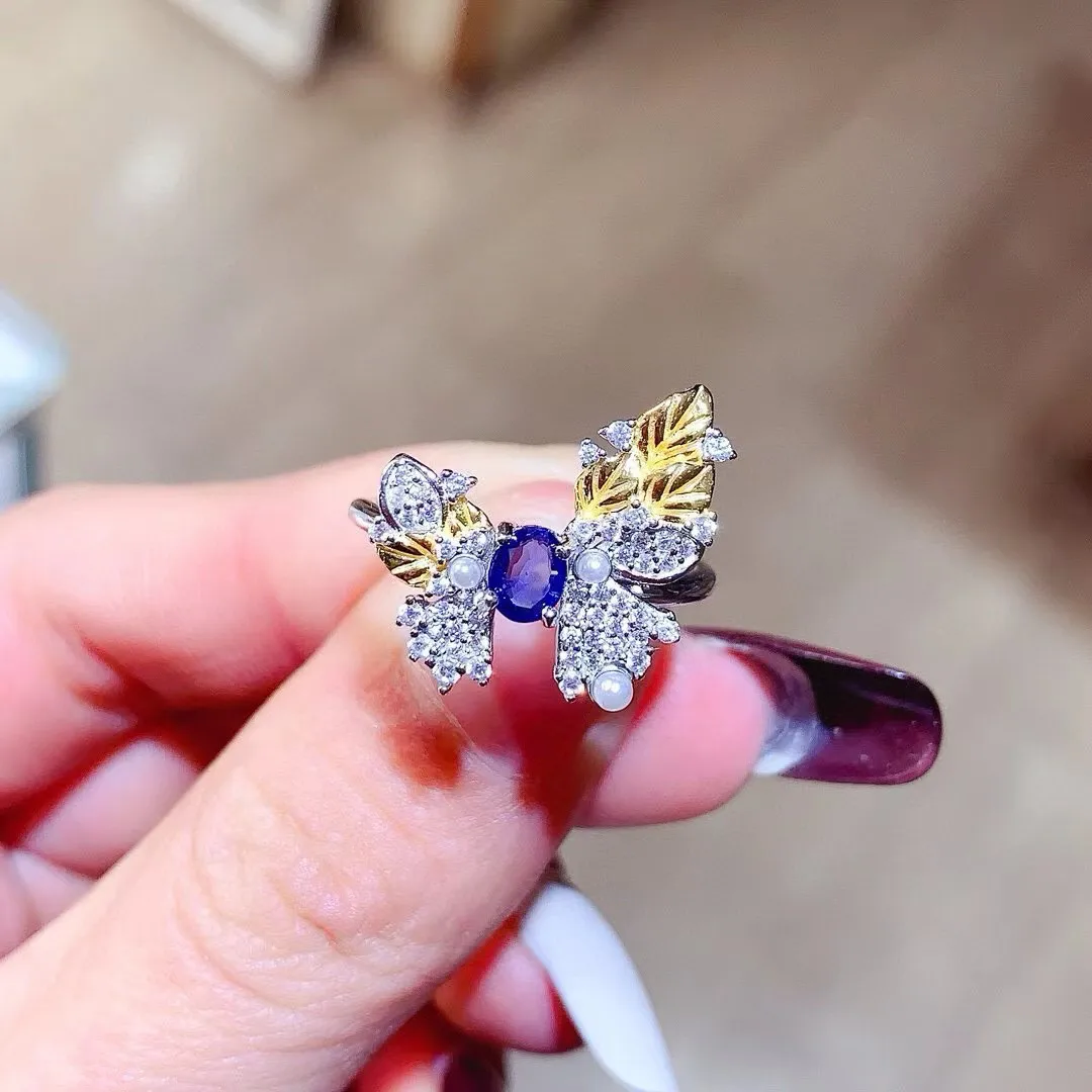 Butterfly Style Luxurious Design Designer Natural Sapphire Ring 4*5mm S925 Silver Blue Gem Daily Female Fashion Jewelry
