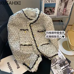 KUSAHIKI Elegant Tweed Tassel Short Coat Women Autumn Winter 2023 New Outwear Top Korean Fashion Long Sleeve O-neck Jacket Femme