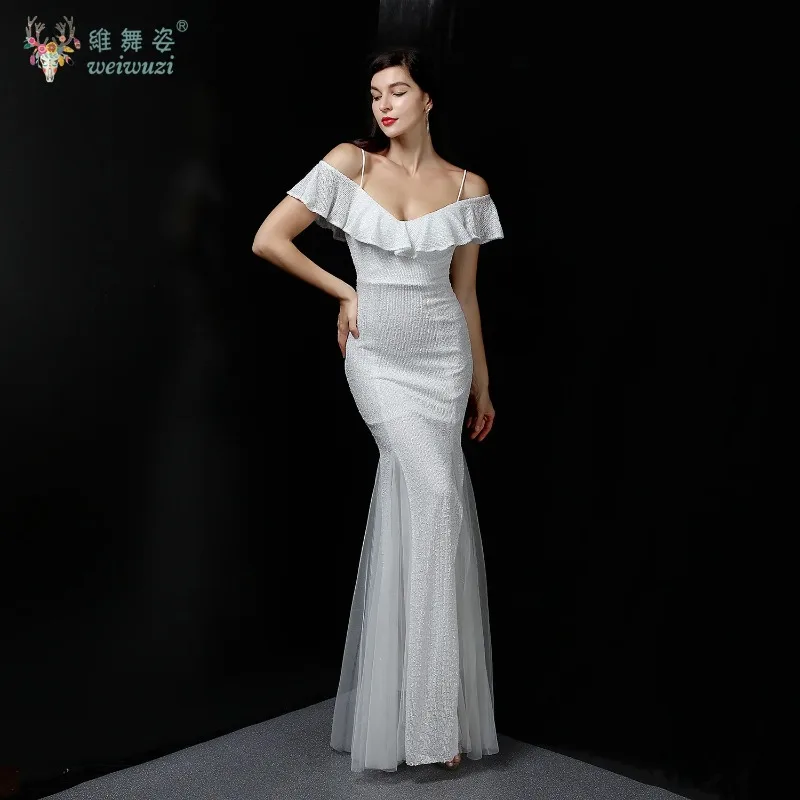 Elegant Women Straps Prom Evening Dresses Birthday Party Sexy Fishtail Dress Sequin Hight Waist Bodycon Tulle Bottom Dress Gown