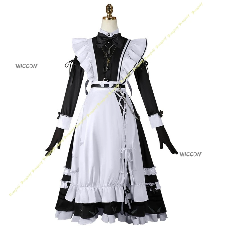 NIJISANJI أزياء تنكرية قاناي فستان خادمة لطيف أسود أبيض بأكمام طويلة ملحقات المئزر ربطة القفازات ربطة العنق عيد الميلاد والهالوين