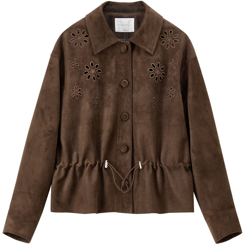 Kurtka ze sztucznej skóry SENTUBILA dla kobiet, wiosna 2026, ażurowe haftowane zdobienia, kołnierz z klapami, retro płaszcz biurowy dla kobiet, model 161WB4866