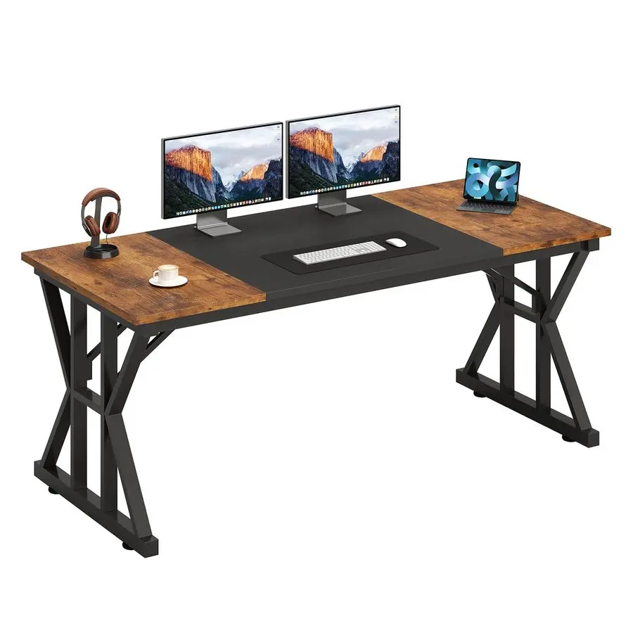 63Inch Executive Desk, Large Office Desk with Thicken Frame, Computer Desk Modern Simple Desk for Home Office, Rustic Brown Blac