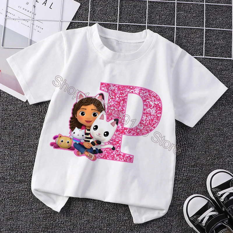 Gabby Dollhouses T-shirt per bambini T-shirt con lettere inglesi T-shirt a maniche corte simpatico cartone animato Top Abbigliamento casual estivo