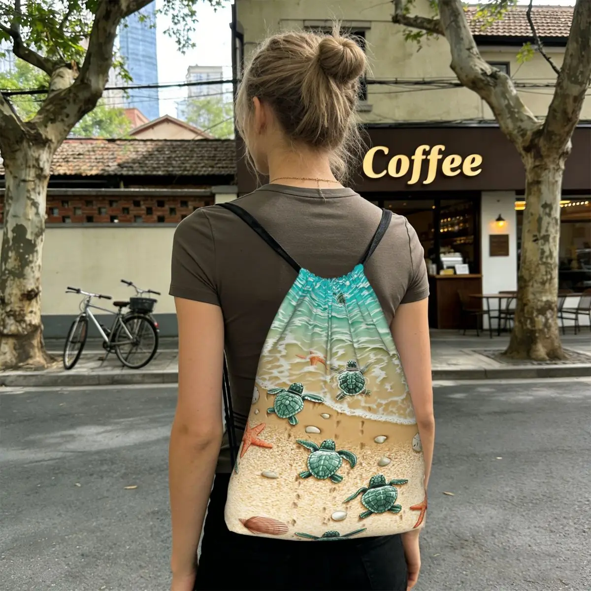 Sea Turtle On The Beach Backpacks Multi-function Drawstring Bags Sports Bag Book Bags for Travel School