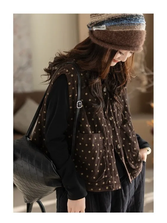 Thickened Cotton Corduroy Sleeveless Vest Women's Fashion Autumn Winter Plaid Patterned Vintage Style Inner Wear Casual Top