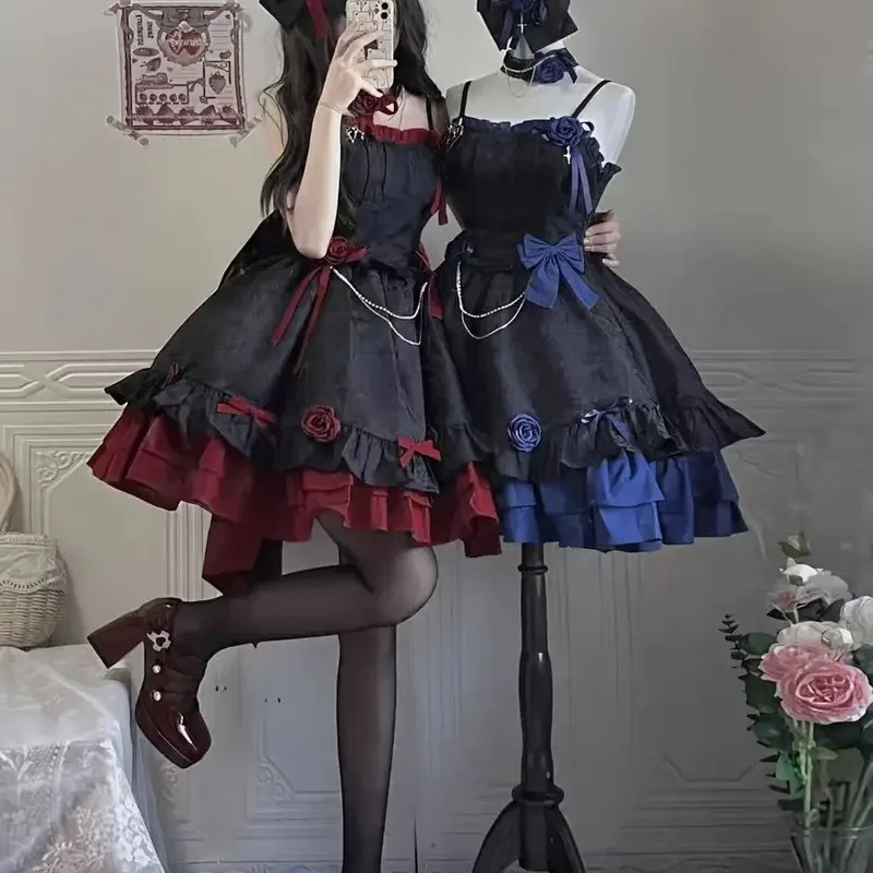 

Lolita suspender dress Lolita Gemini black, red, black and blue Q2 Gothic dress with suspenders.cosplay