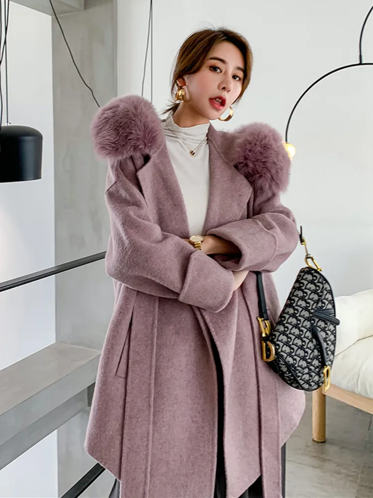 

2023 Real Fur Coat Natural Fox Fur Collar Hood Double-faced Cashmere Wool Blends Winter Jacket Women Loose Warm Outerwear