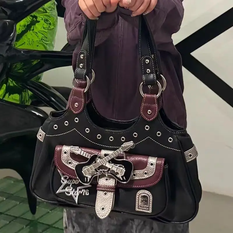 حار فتاة رسالة التطريز حمل حقيبة المرأة خليط الجلود سعة كبيرة حقائب كتف السيدات فاسق Y2k جماليات حقيبة تحت الإبط