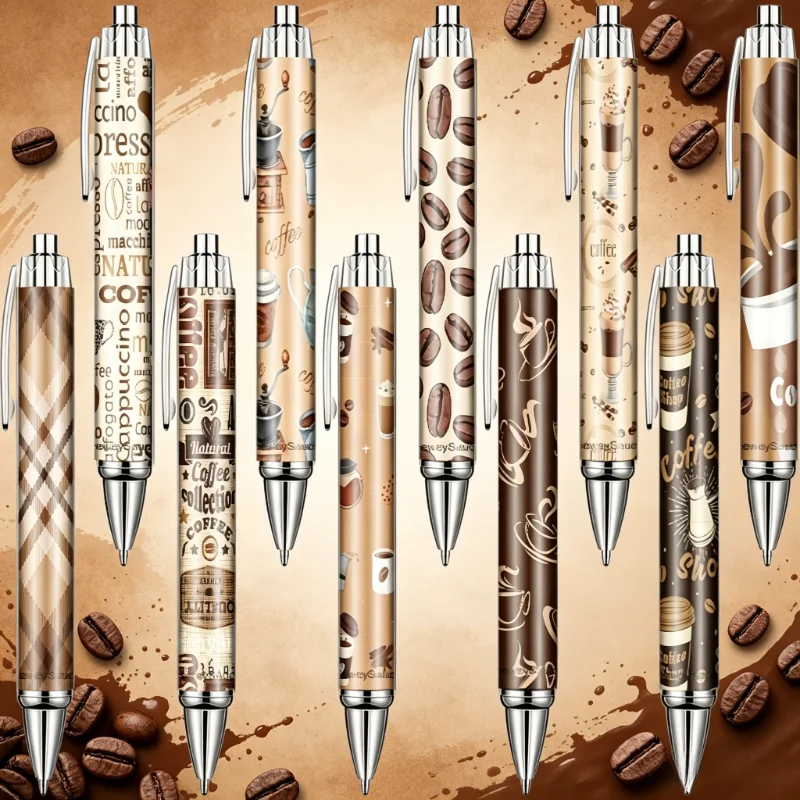 

10Pcs Coffee Shaped Ballpoint Pens, Coffee Print Signature Pens, Office Stationery with Coffee Bean Elements, Random Styles