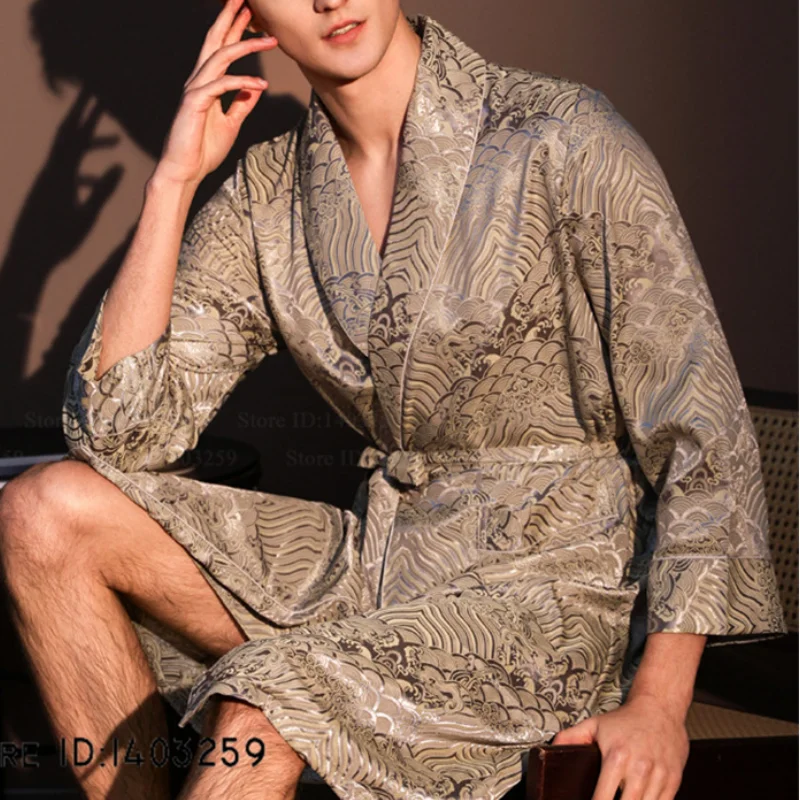 Luxury Jacquard Men's Robe Lingerie Silky Satin Kimono Bathrobe Gown Pajama Spring New Male Sleepwear Homewear Loose Loungewear