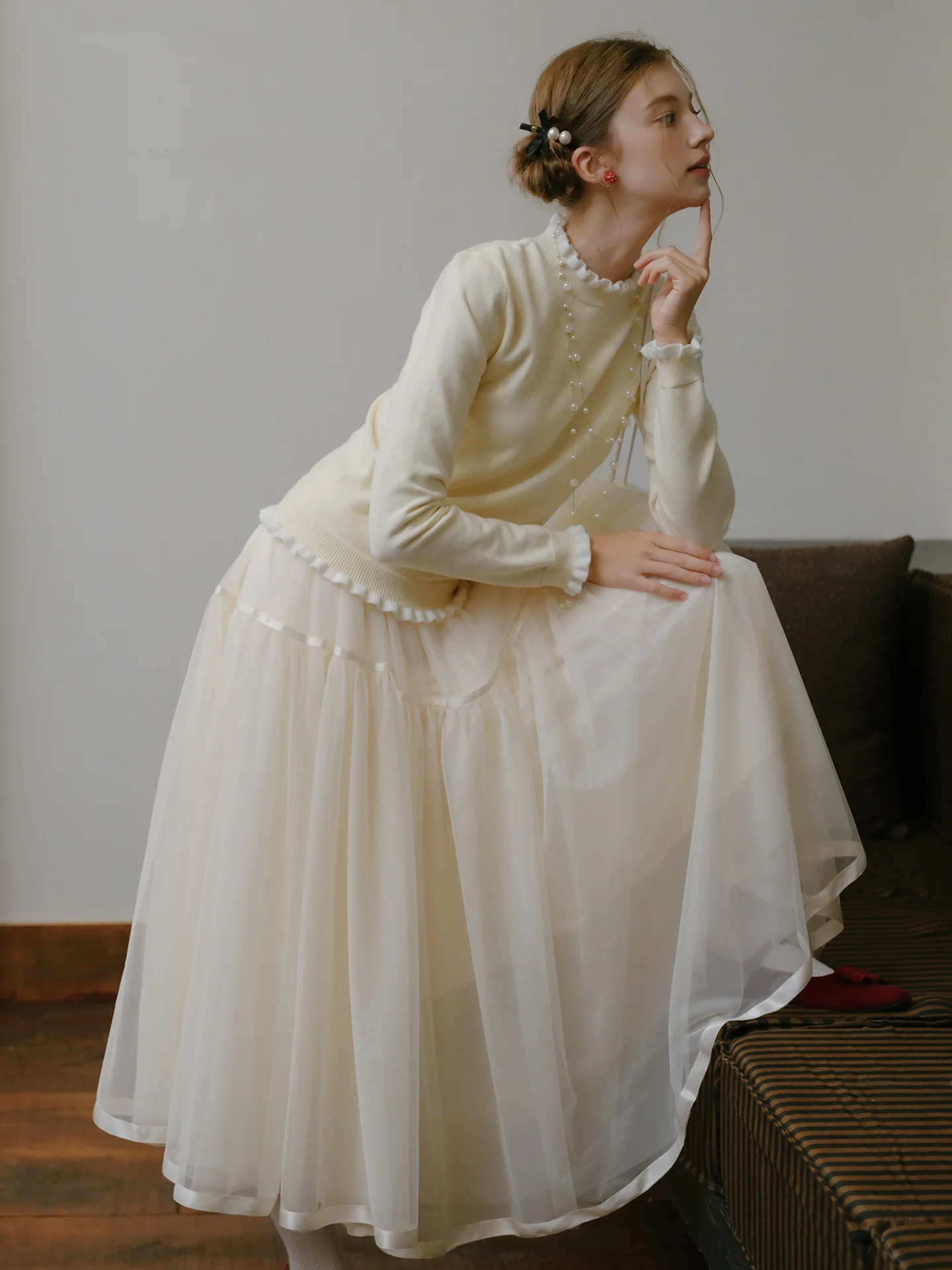 

2025 New Sle Dus Pink Tee-Layer Tulle A-Line Midi Skirt Women's Elastic Waist Long Fairy Skirt Autumn Winter Versatile