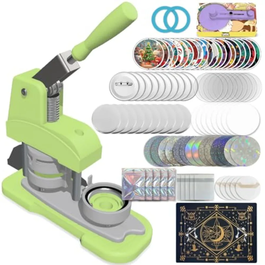 

Green 58mm 2.25in 5th Gen Button Maker Machine - Installation-Free DIY Pin Badge Press with Free Button Parts Circle Cutter Cut