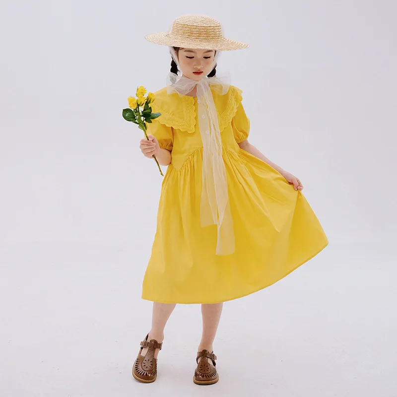 

2024 Korean Summer School Girl Dress Children Girl Lace Lapel Bubble Sleeve One-piece Dress Junior Girl Sweet Princess Dress