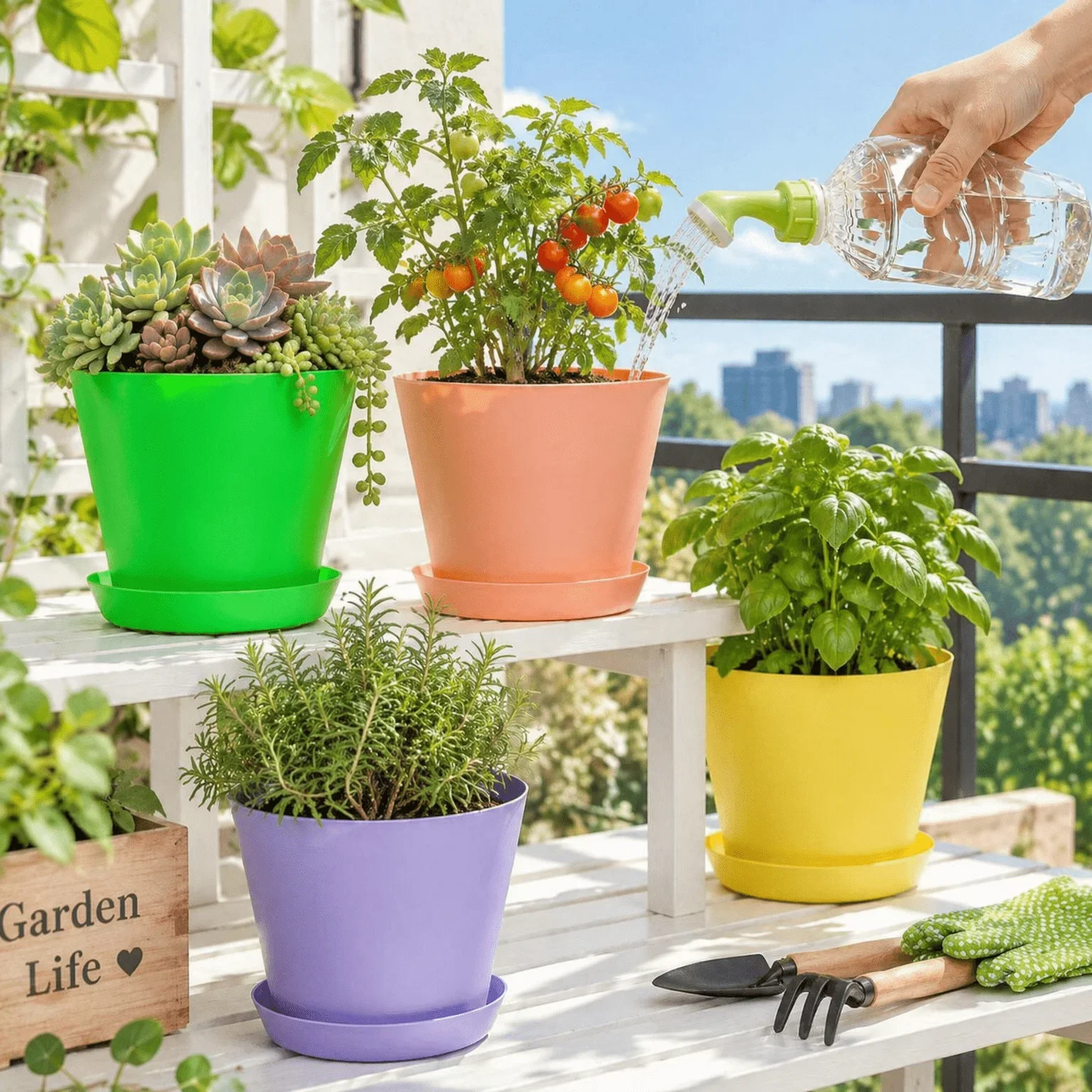 Colorful Plastic Plant Pots Random Color Assorted Open Top Planters with Sprinkler Nozzle for Garden Balcony Houseplant TMZ