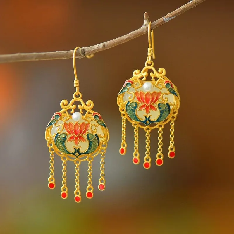 

Natural Hotan White Jade Ancient Gold Craft Enamel Fish and Lotus Tassel Earrings for Women Vintage Luxury Chinese Style Jewelry