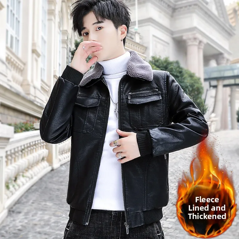 

Men's Thiened Fce Lined Biker Jaet Autumn Winter PU Leather Coat Youth Faion Outerwear Warm Long Sve Polyester
