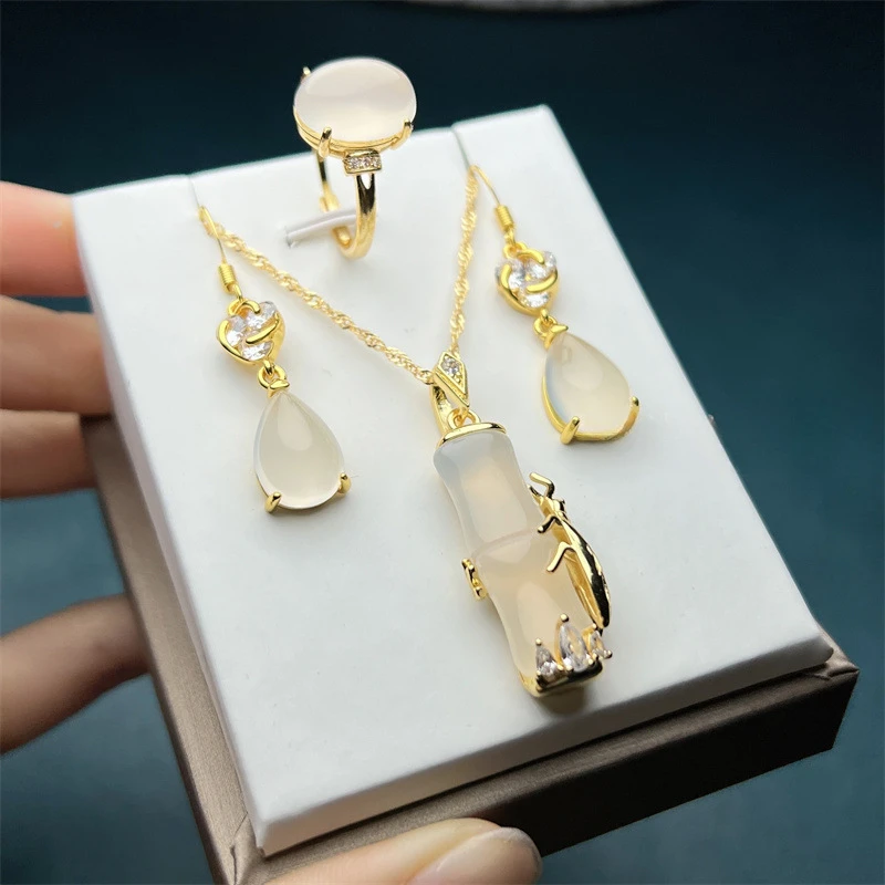 Ice-clear White Chalcedony Inlay Set, Three-piece Set, Agate Bamboo Pendant, Women's Earring Ring.