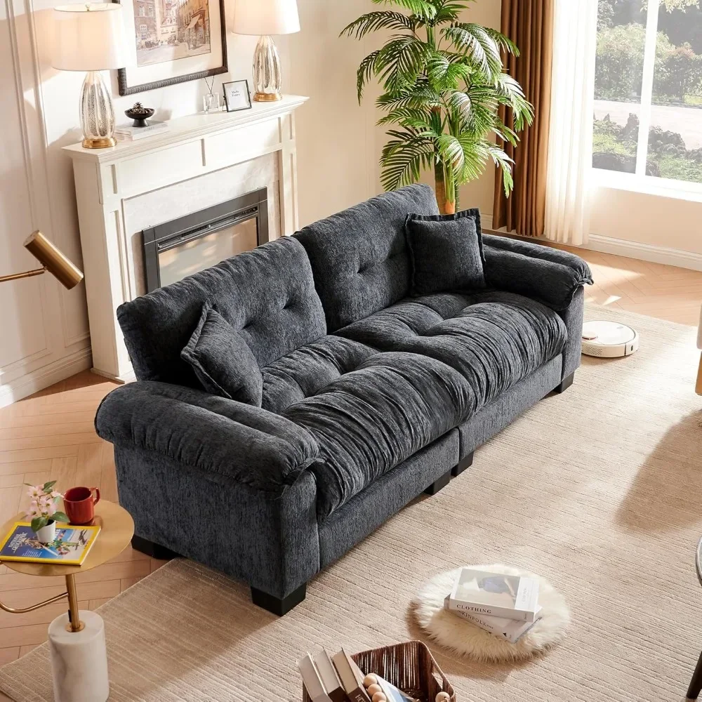 

Modern Cloud 91.5-Inch Sofa Comfortable Chenille Living Room Couch with Wide Armrests Easy Assembly Black Apartment Couch