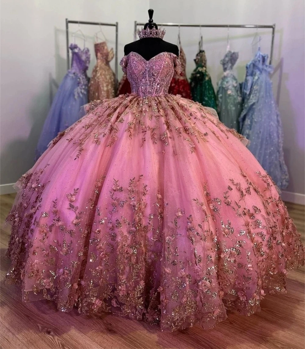 Rosa Prinzessin Quince anera Kleider Ballkleid von der Schulter Applikationen Perlen süß 16 Kleider 15años mexikanisch