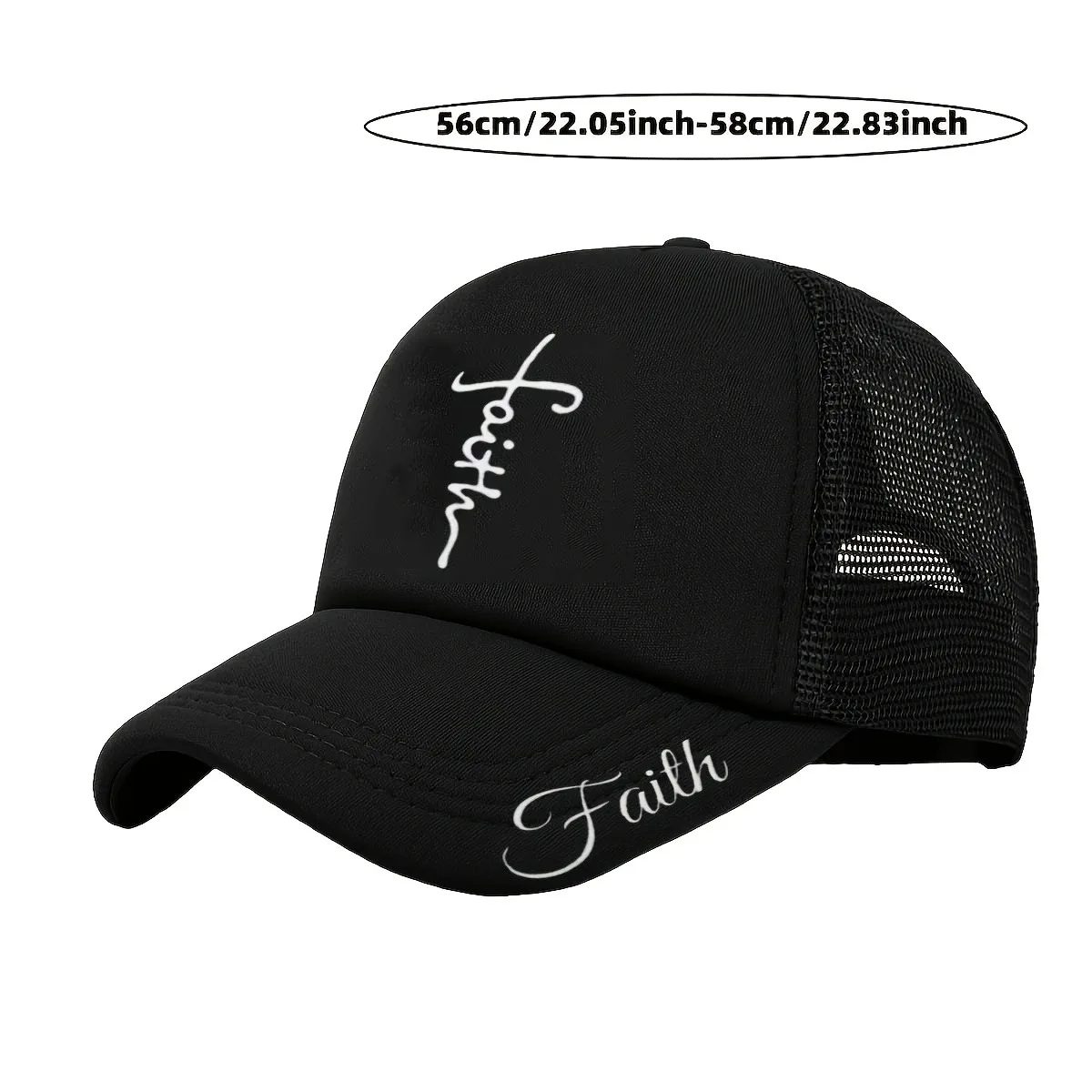 Faith Script Print Mesh Back Trucker Hat, Breathable Adjustable Summer Baseball Cap for Women Men Casual Sun Hat