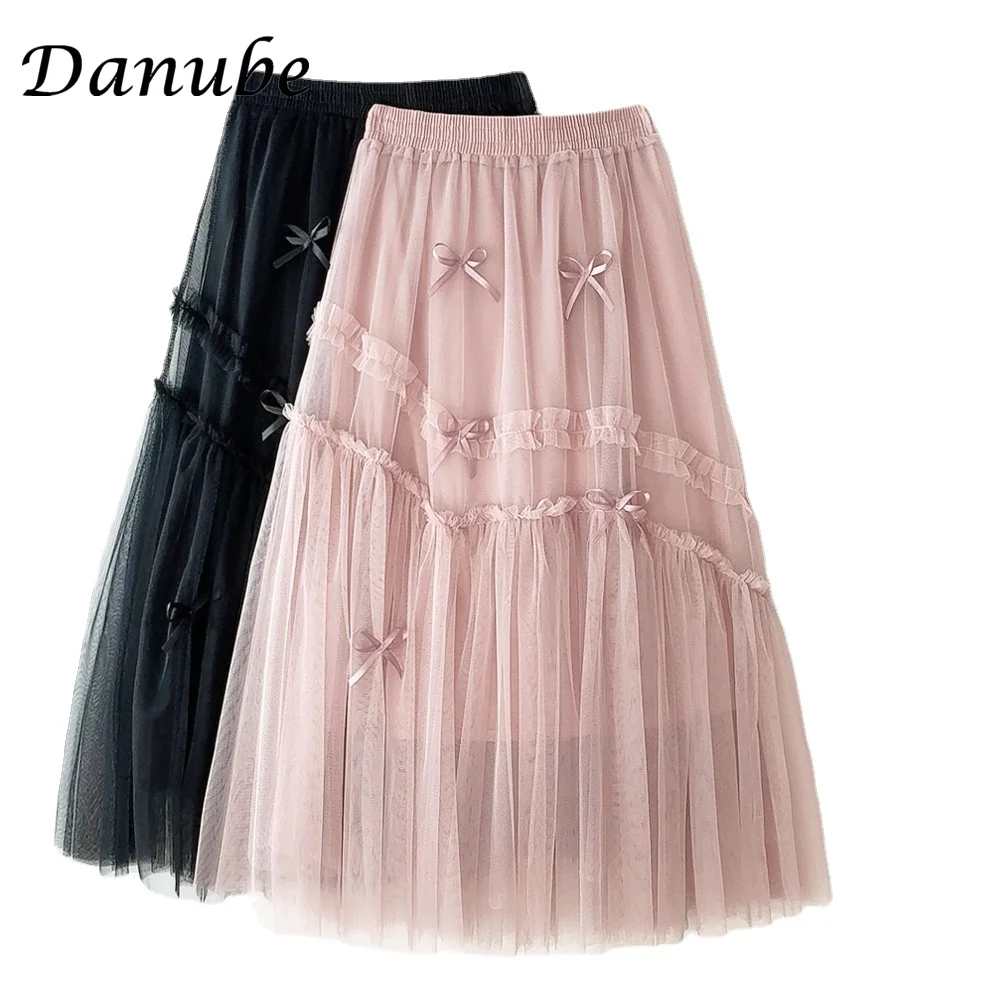 Elegant Irregular Patchwork Tulle Long Skirts Women Spring Summer Korean Bow High Waist Mesh Pleated Tutu Skirts Female Faldas