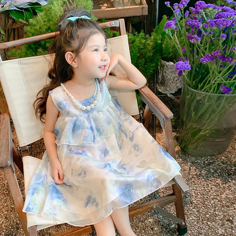 Girls Summer Dress 2024 New Style Baby Summer Dress Princess Skirt Korean Sweet Style Skirt Simple Casual Style All-match