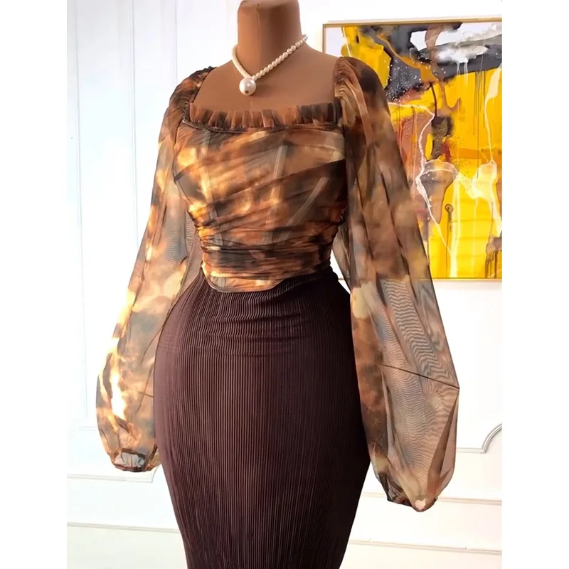 Slergiri Elegant 2 Pieces Set Women Fashion New 2026 Spring Summer Frill Trim Square Neck Lantern Sleeve Crop Top + Long Skirt