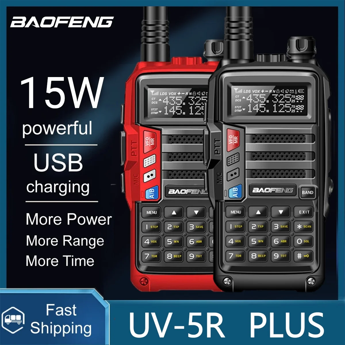 Baofeng UV-5R 플러스 양방향 라디오, UHF/VHF 트라이 파워 워키토키, USB 장거리 업그레이드, UV 5R UV-10R S9 플러스, 15W, 50 km 