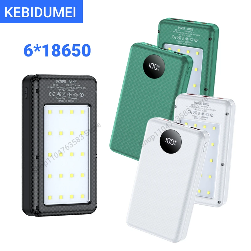 KEBIDUMEI 6*18650 Powerbank Batteriebox Halter Dual USB Typ C Ladegehäuse für Handy 18650 Batteriehüllen Mit Campingbeleuchtung