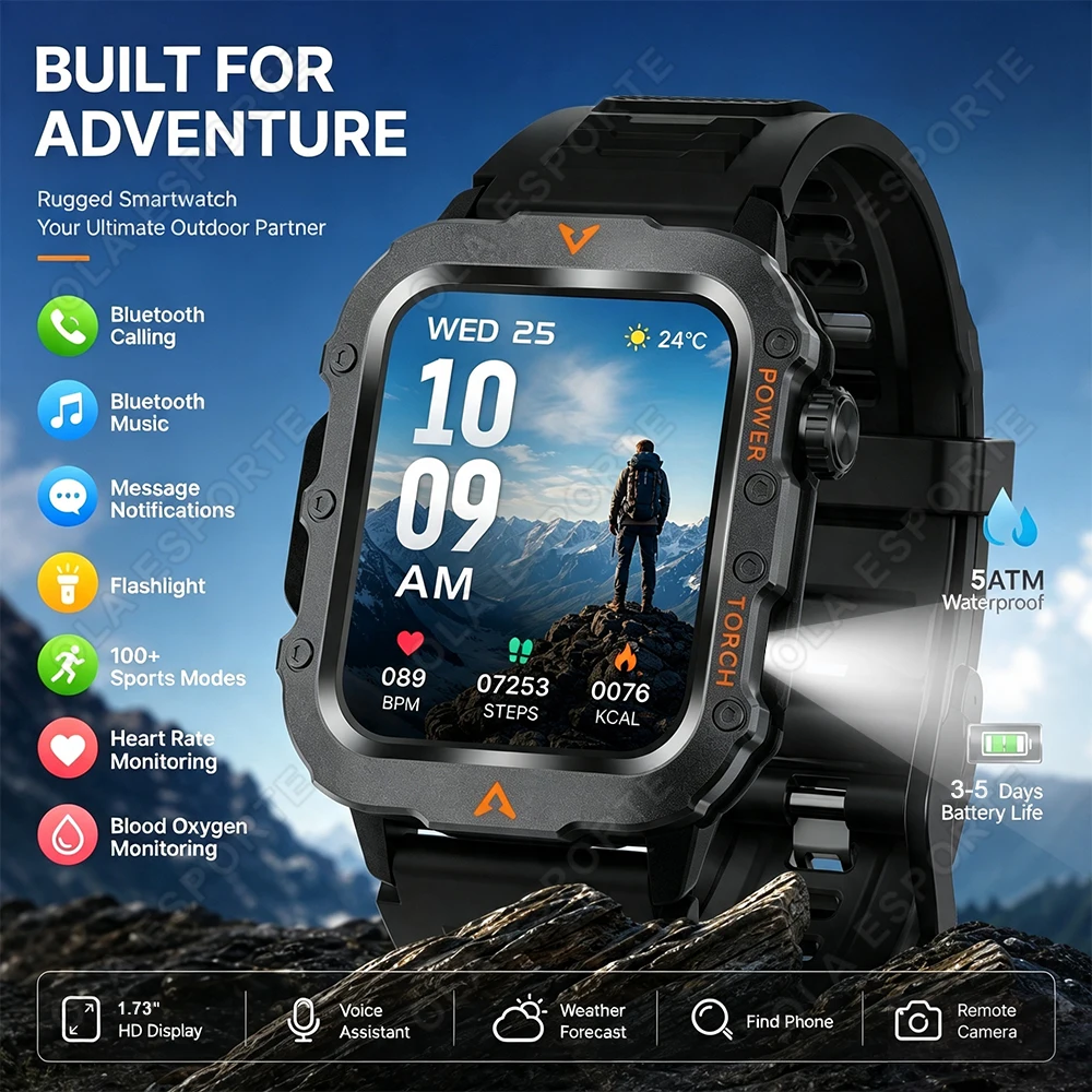 LED-Taschenlampe Smartwatch Bluetooth-Anruf Outdoor Wasserdicht 100+ Sportmodi Herzfrequenz-Gesundheitsmonitor Sport-Smartwatch HW12