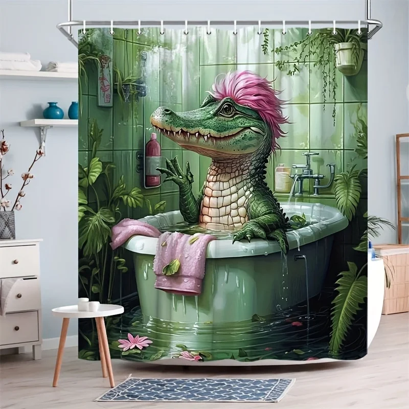 Tropical Dinosaur Jungle Shower Curtain Bath Decor Crocodile Reptile Prehistoric Monster Bathroom Curtain Waterproof Liner Green