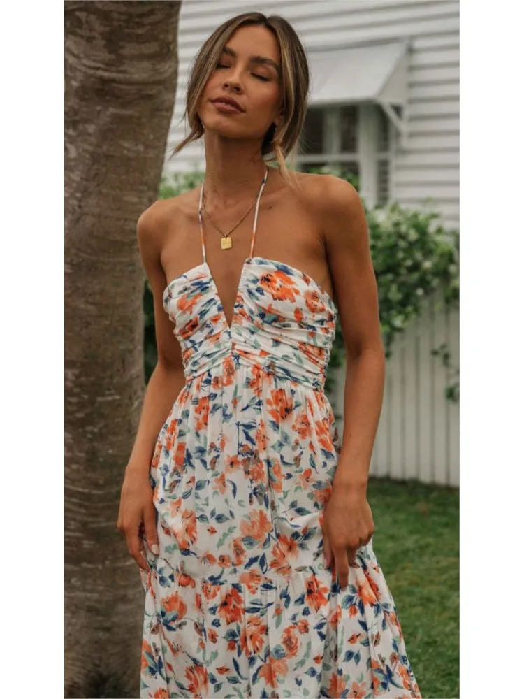 

Dresses 2025 Woman Floral Print Halter Neck Solid Color Halter Neck Low Cut Vestidos Elegant French Temperament Holiday Leace-up