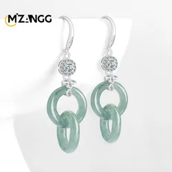 Authentic Natural Jade Blue Water Peace Buckle Earrings S925 Silver Inlaid with Ice Jade Women's Earrings Fashion Charm Jewelry