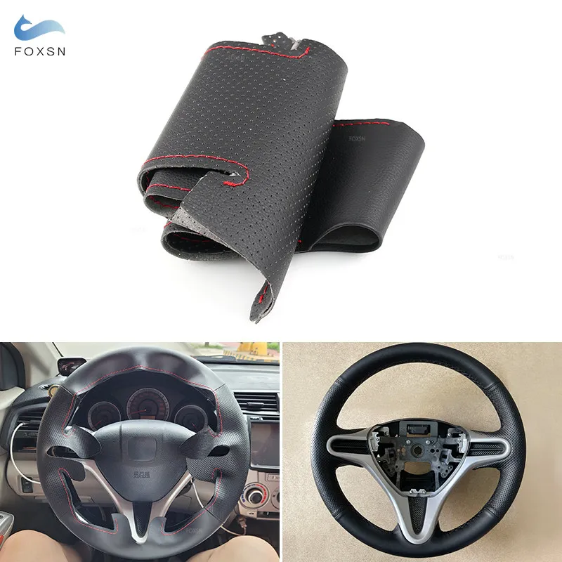 Perforated Leather Steering Wheel Cover For Honda Fit Jazz City 2009-2013 Insight 2010 2011 2012 2013 2014 with Threads Needles